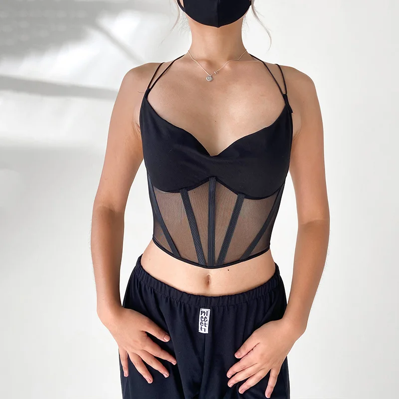 

Sexy Sling Strappy Waist Bustier Mesh Top Women Lace-up Skinny Tank Tops Croset
