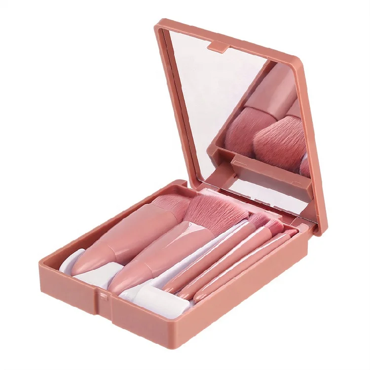 

5 Pcs Travel Pack Portable High Quality Make Up Holder Mirror Pink Makeup Brushes Set with Box, As pics