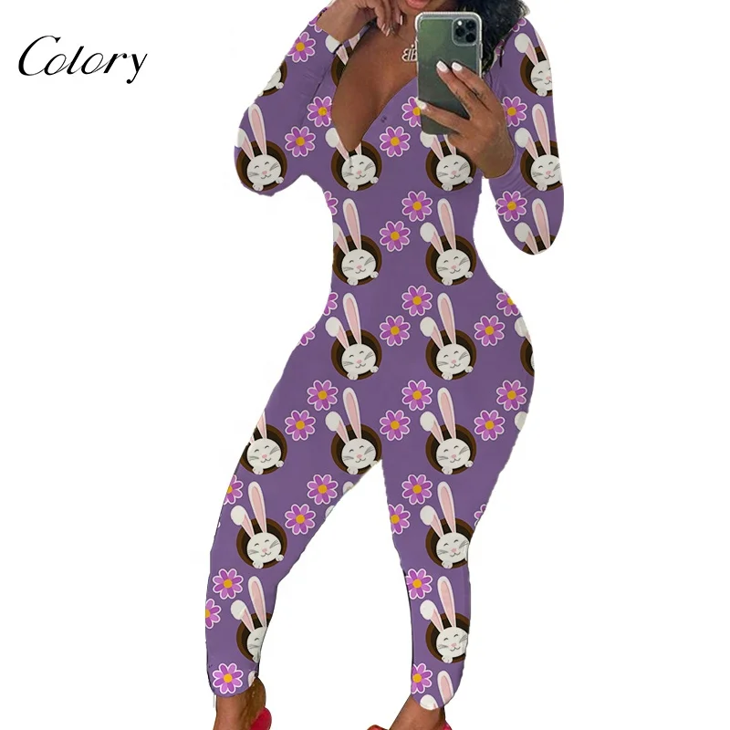 

Colory Women Sexy Pajamas V Neck Printed Sleepwear Adult Onesie Pajamas Easter Jumpsuit, Customized color