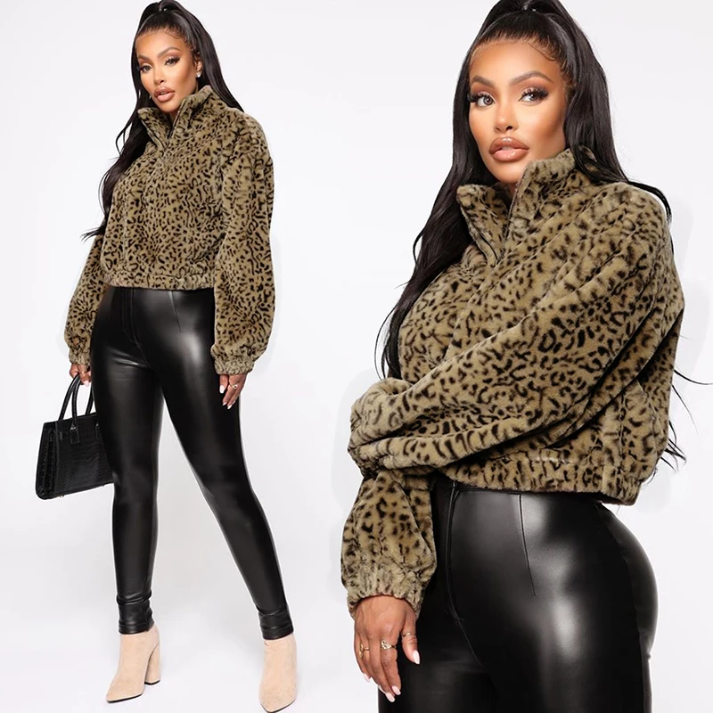 

Winter Streetwear Leopard Print Half Zipper Fleece Crop Eco Friendly Baggy Hoodies Pullover, Customized
