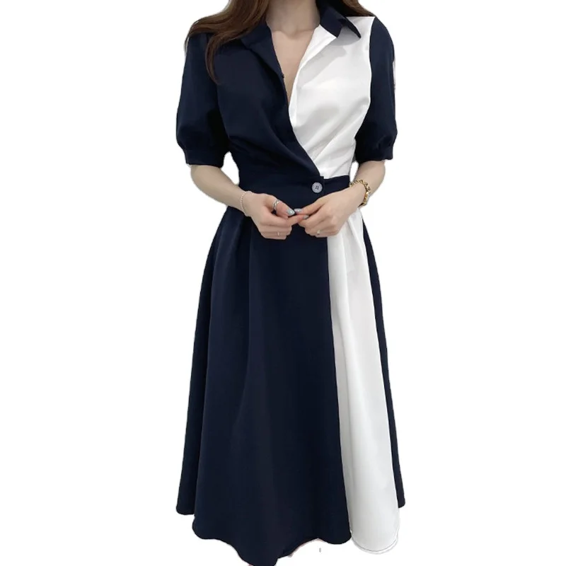 

Summer Women Luxury Dress Turn Down Collar One Button Waisted Half Sleeve Contrast Stitching Designer Dresses, Khaki fight white, blue fight white