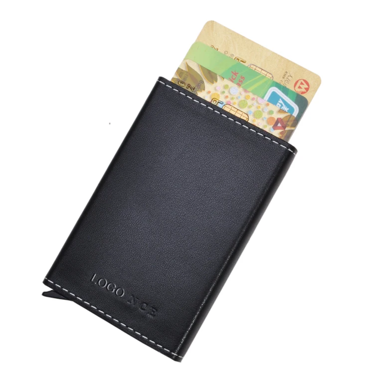 

Hot selling RFID PU Leather Aluminum Slim Pop Up Automatically Card Holder Wallets, Optional