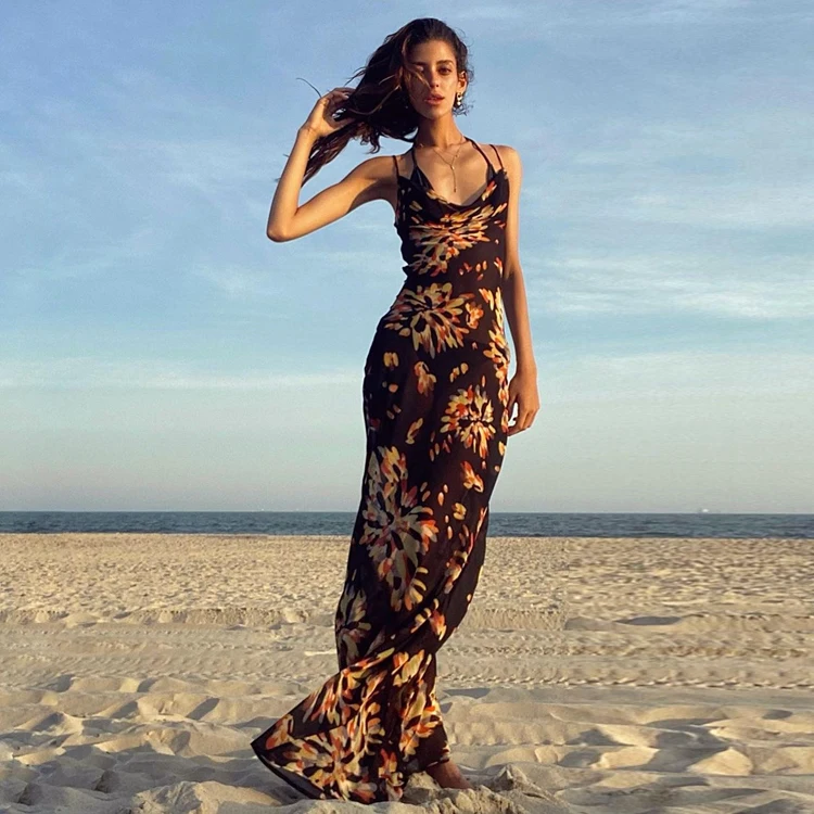 

Sleeveless Casual Dresses Women Floral Print Long Summer Dresses Backless Lace Up Spaghetti Strap Dress, Black