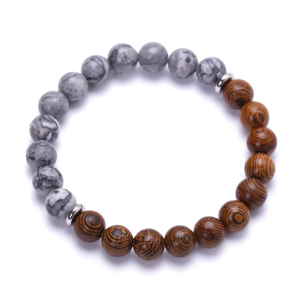 

Amazon Hotselling Wholesale Natural Map Stone Distance Friendship Bracelet Elastic 8mm Wooden Beads Meditation Yoga Bracelet, As picture shows