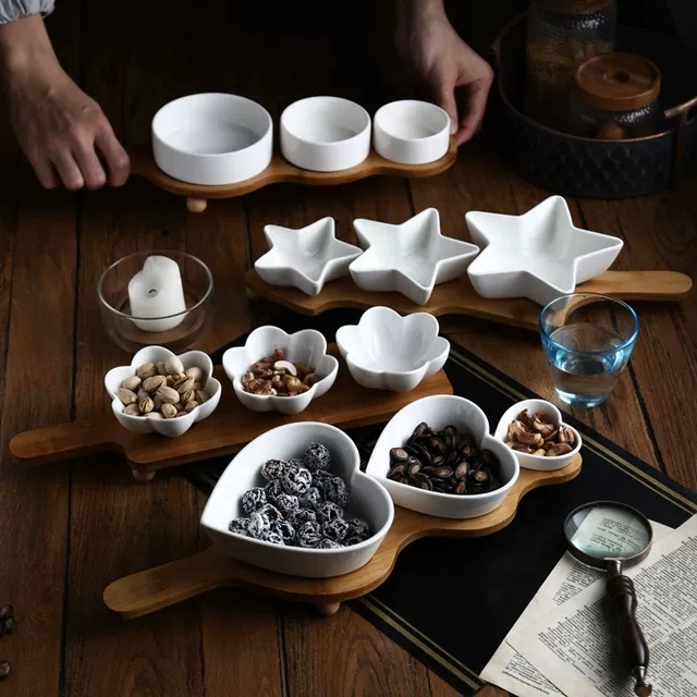 

Ceramic Custom Heart Flower Star Shape Dry Fruit Plate Snack And Dessert Dish With Wooden Tray, Customized color