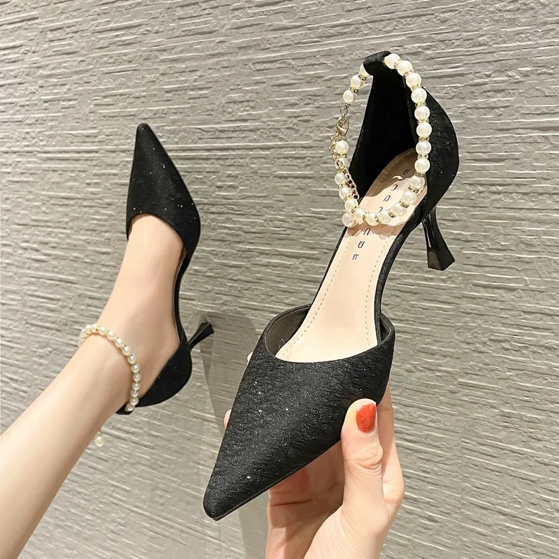 

2021 new pearl buckle 6CM high-heeled women's shoes satin shallow mouth pointed single shoes banquet wedding, 3 colors