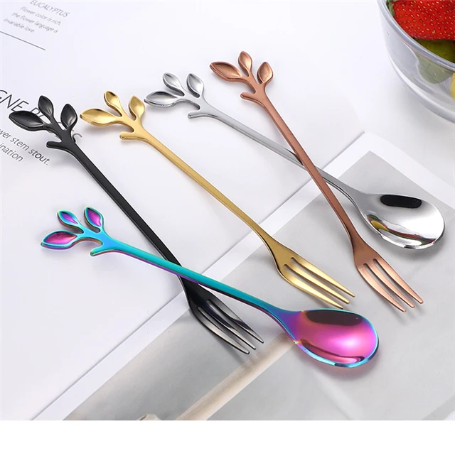 

Creative Leaf Spoon Custom Stainless Steel Small Fork Kitchen Accessories, As show