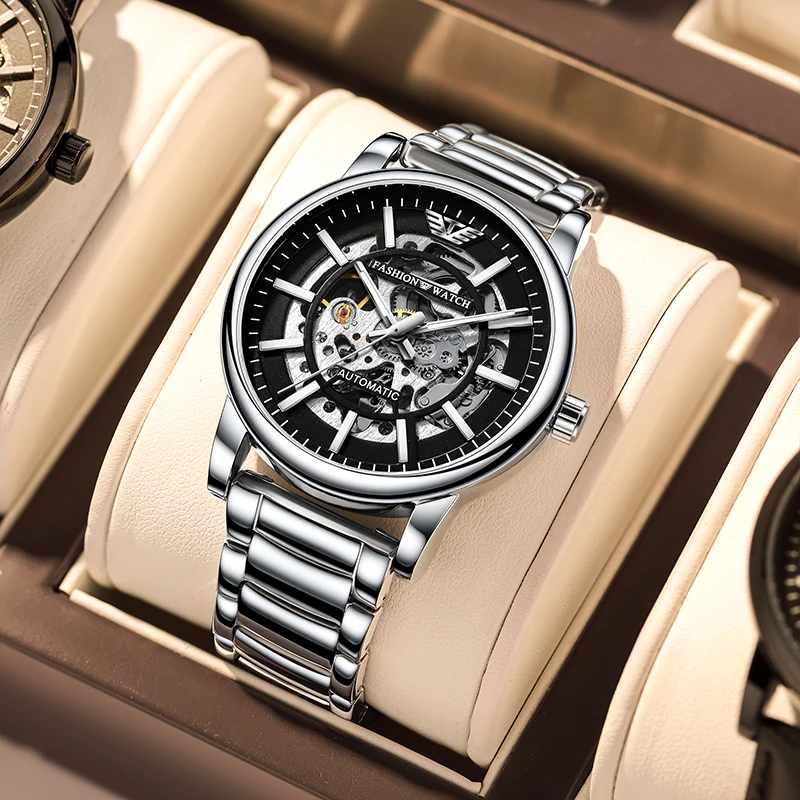 

Custom Automatic Skeleton Luxury Watch Tourbillon Mechanical Watch Mens Wrist Brand Relogio Masculino 8386, Black, silver