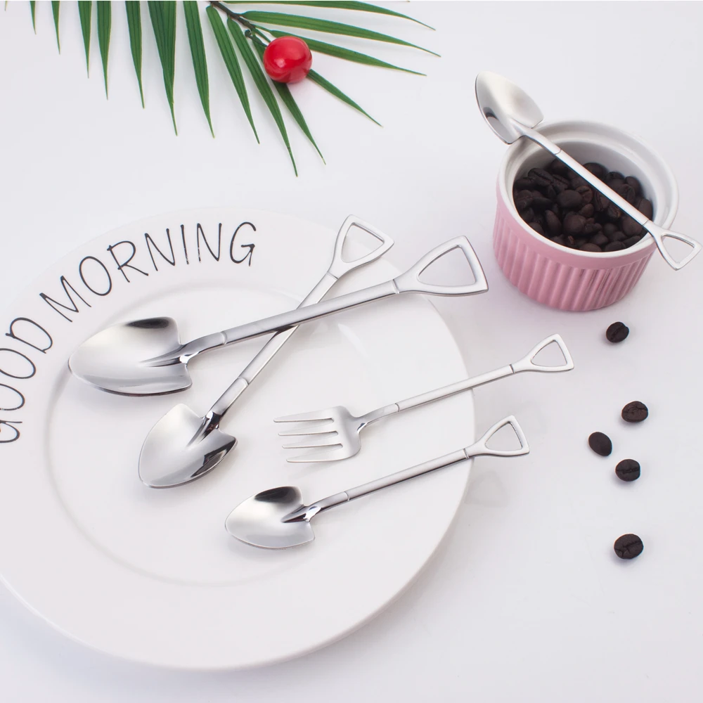 

Jieyang Factory 4pcs Stainless Steel Spade Mini Spoon and Fork Set with Color Box