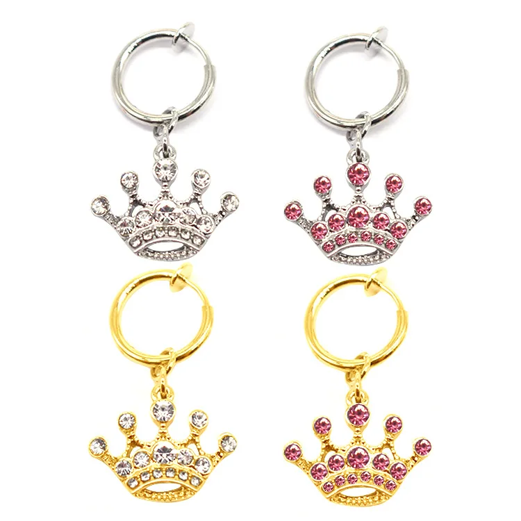 

Playful Crystal Dangling Removable Clip on Belly Button Rings Spring Hoop Fake Piercing Non Piercing Crown Belly Rings, Silver/gold