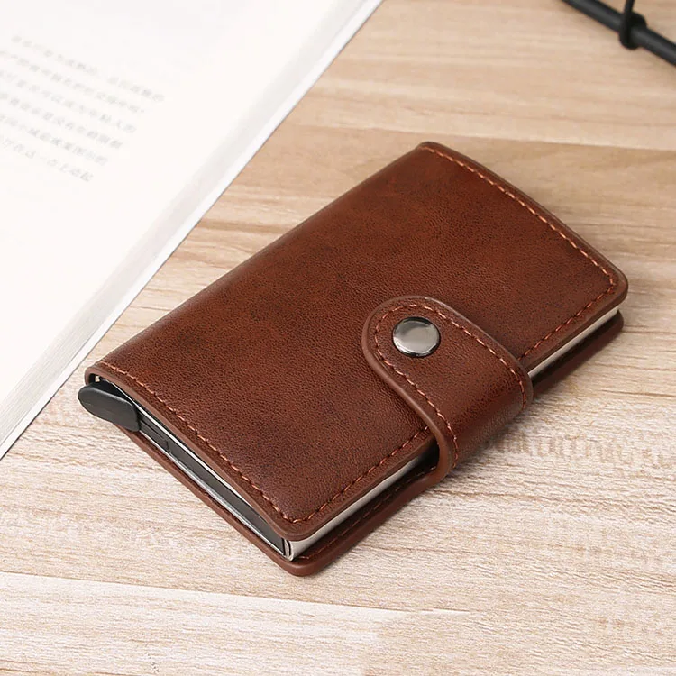 

RFID metal card case PU leather cover pop up credit card holder wallet with buckle