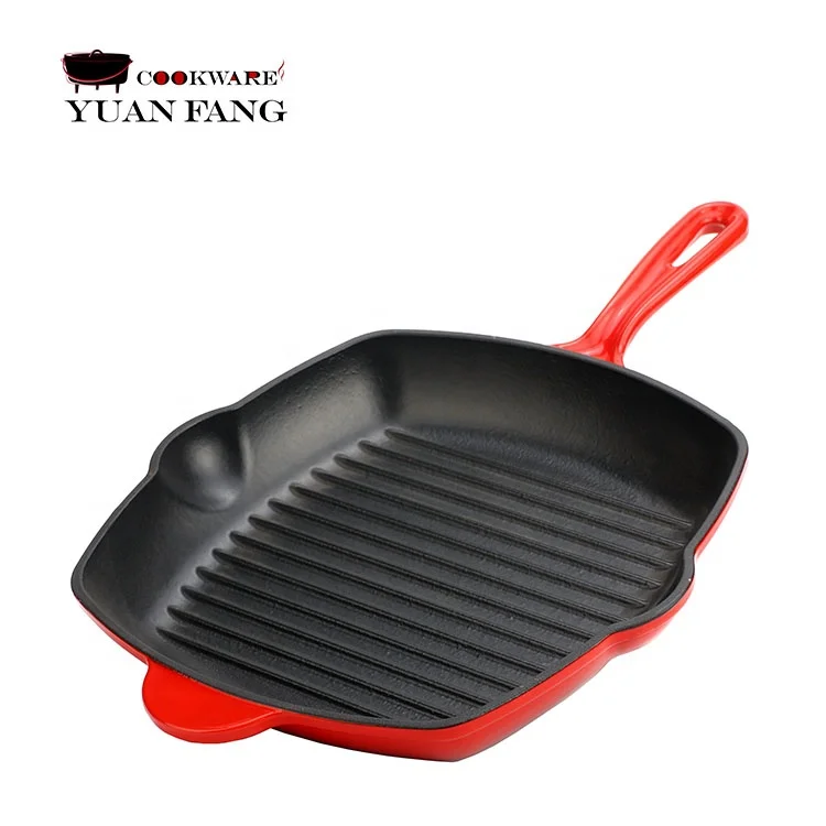 26cm Enamel Griddle Frying Pan Grill Cast Iron Non Stick Square Cooking Skillet 