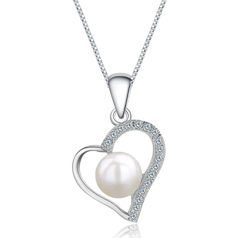 

Fashion Women 925 Sterling Silver Real Pearl Heart Pendant Necklace CZ Crystal Heart Fresh Water Pearl Necklace
