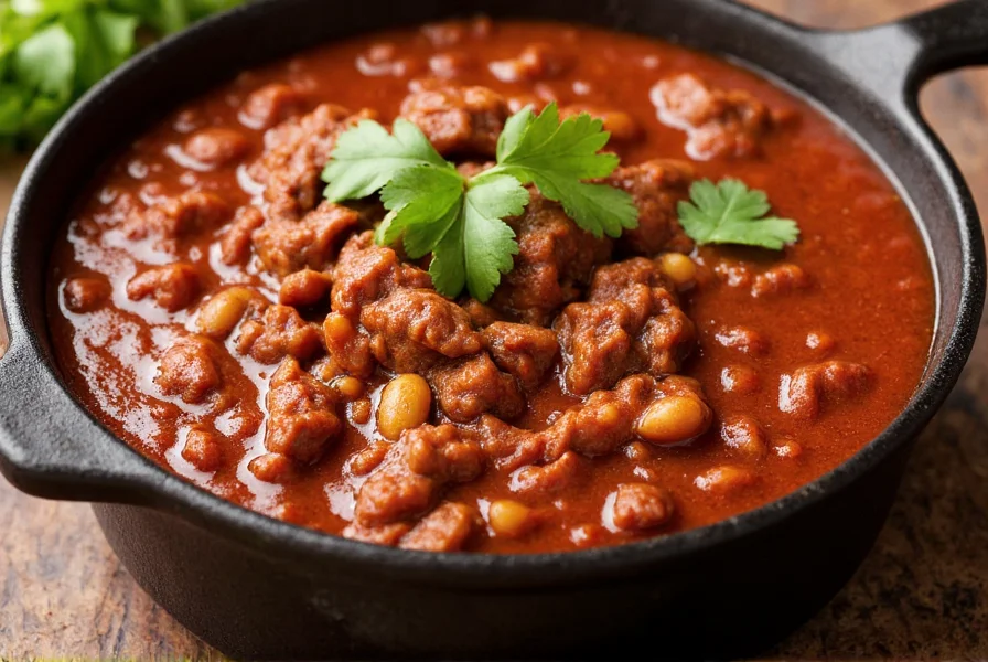 Authentic Texas chili in cast iron pot with beef chunks and rich red color, no beans visible, garnished with fresh cilantro