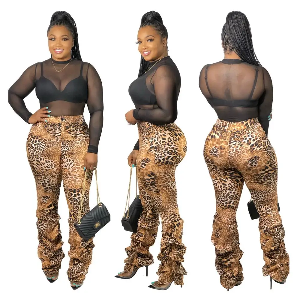 Leopard Printed Women Pants Club Wear Party Dresses High Waist Ladies Bell Bottom Pants