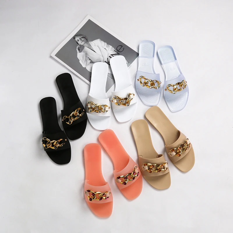 

2021 new design colorful diamond chain ladies jelly slippers customizable jelly women slippers shoes, Picture