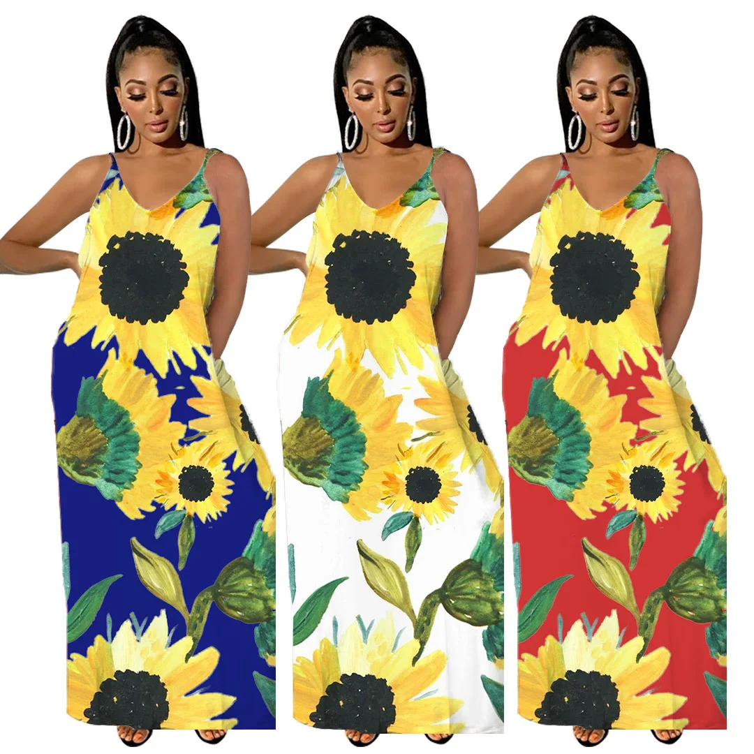 

Summer Beach Plus Size 5XL Strap Casual Bohemian Floral Sunflower Maxi Dress With Pockets, Yellow/blue/red
