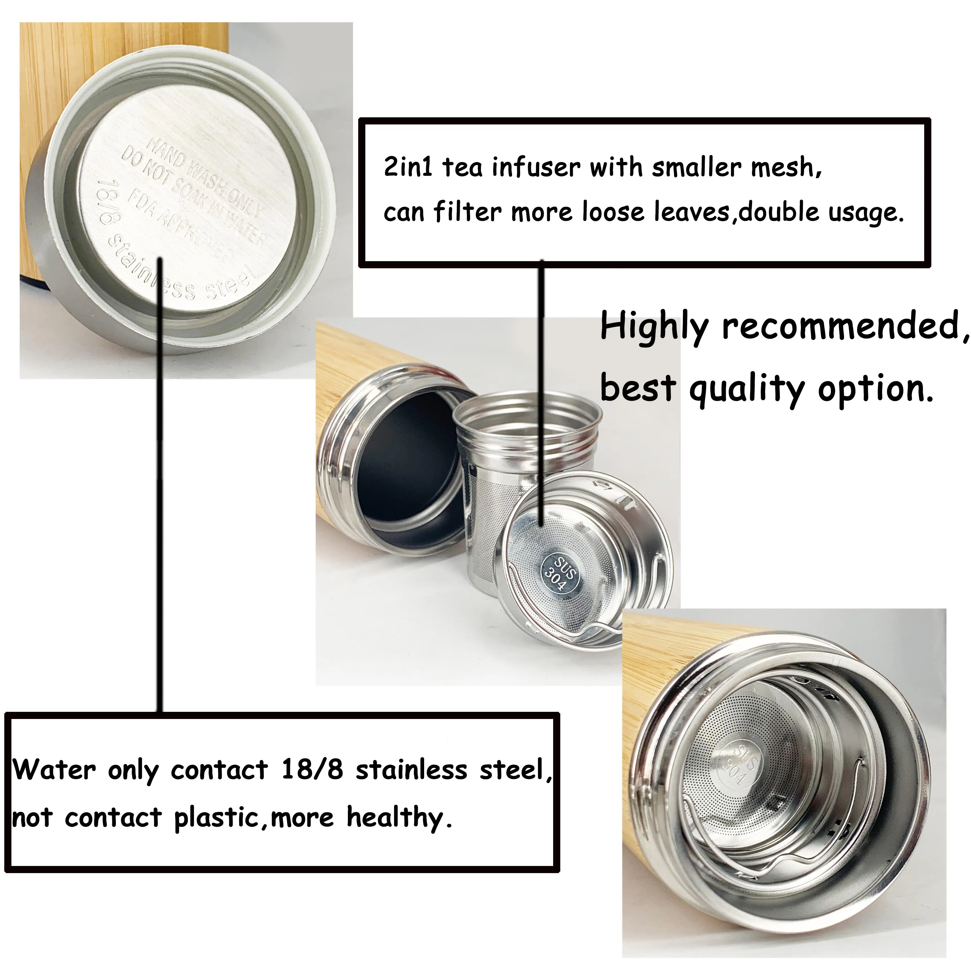 
BS04 19oz 550ml Insulated Bamboo Tea Mug Tumbler with Strainer Infuser for Loose Leaf Tea Coffee and Fruit Water 