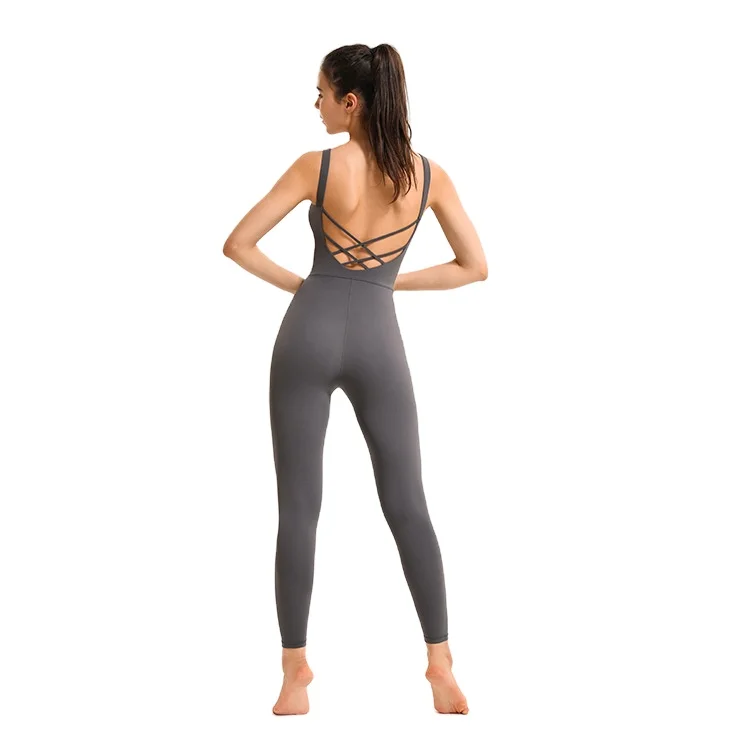 

2021 Women's European and American sexy deep U beauty back one-piece yoga workout clothes female running sports fitness dance tr