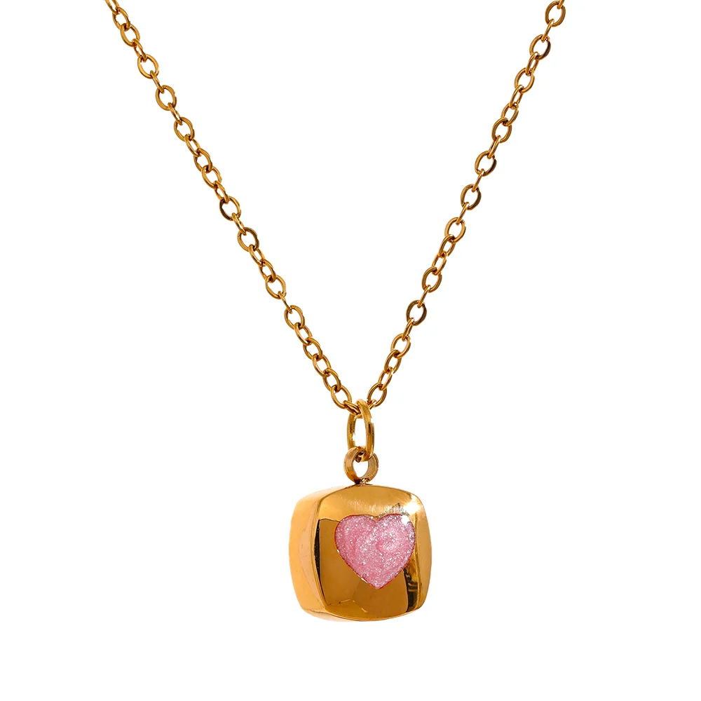 

JINYOU 1089 316 Stainless Steel Square Heart Pink Quicksand Sweet Pendant Necklace Gold Chain Waterproof Jewelry Girlfriend Gift