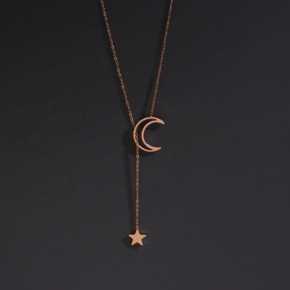 Korean Style Rose Gold Stainless Steel Moon & Star Tassel Thin Chain Minimalist Dangle Necklace