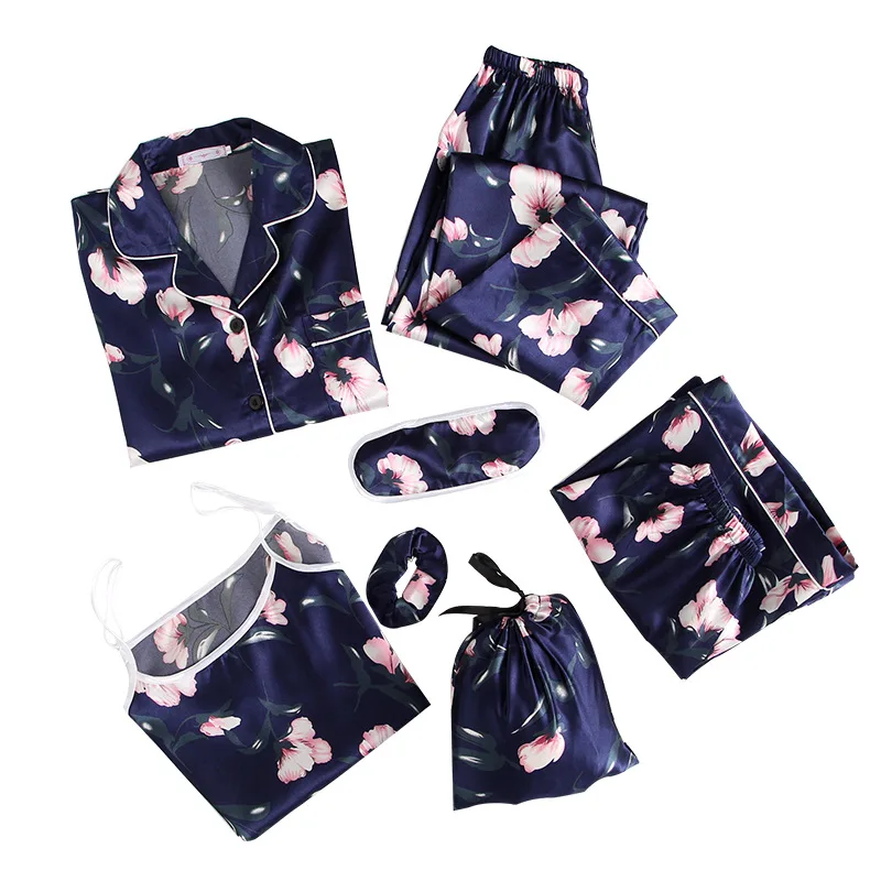 

Wholesale Women 7 Piece Pajamas Set Silk Cute Printed Nightwear Cozy Sleep Set Ladies Long Sleeve Lounge Wear Satin Pyjamas Set, Picture show