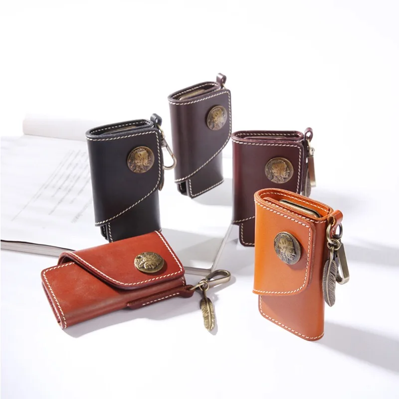 

2020 New Fashion Custom Logo Handmade Genuine Leather Key Case Cover Key holder Casual Brown Key Card Holder Wallet, Black,brown,camel,coffee
