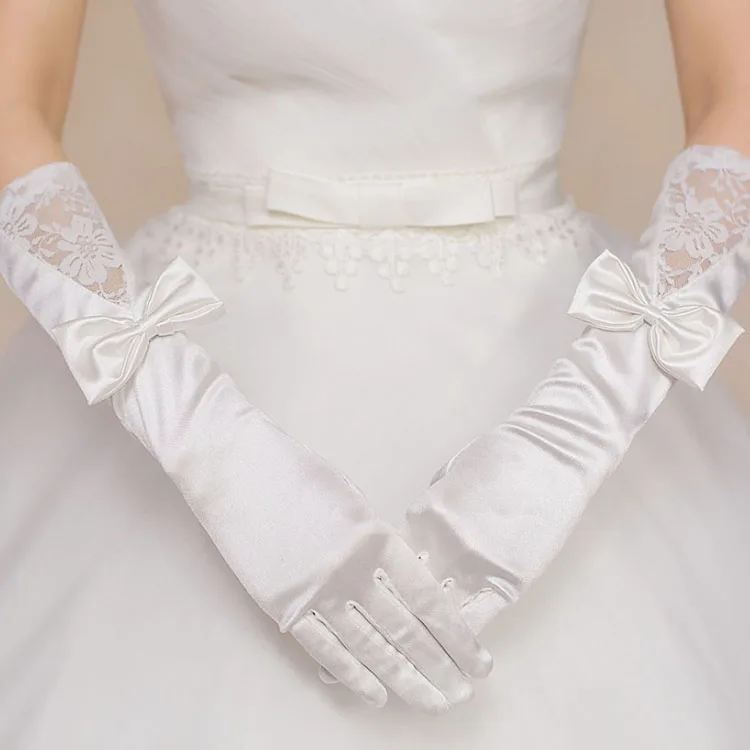 

Bride hand Accessories Elegant Simple bow Lace satin Plain engagements bridal wedding gloves