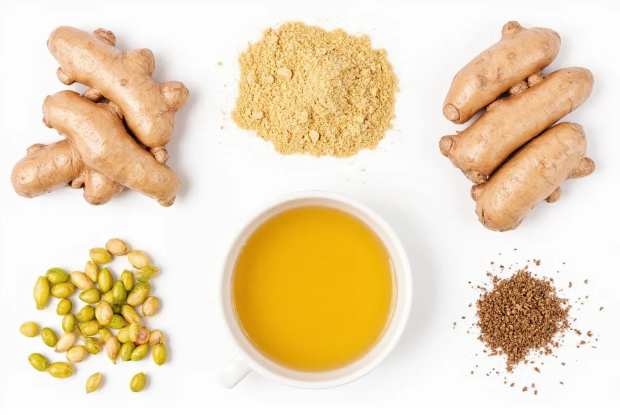 Various forms of ginger including fresh root, powder, and tea