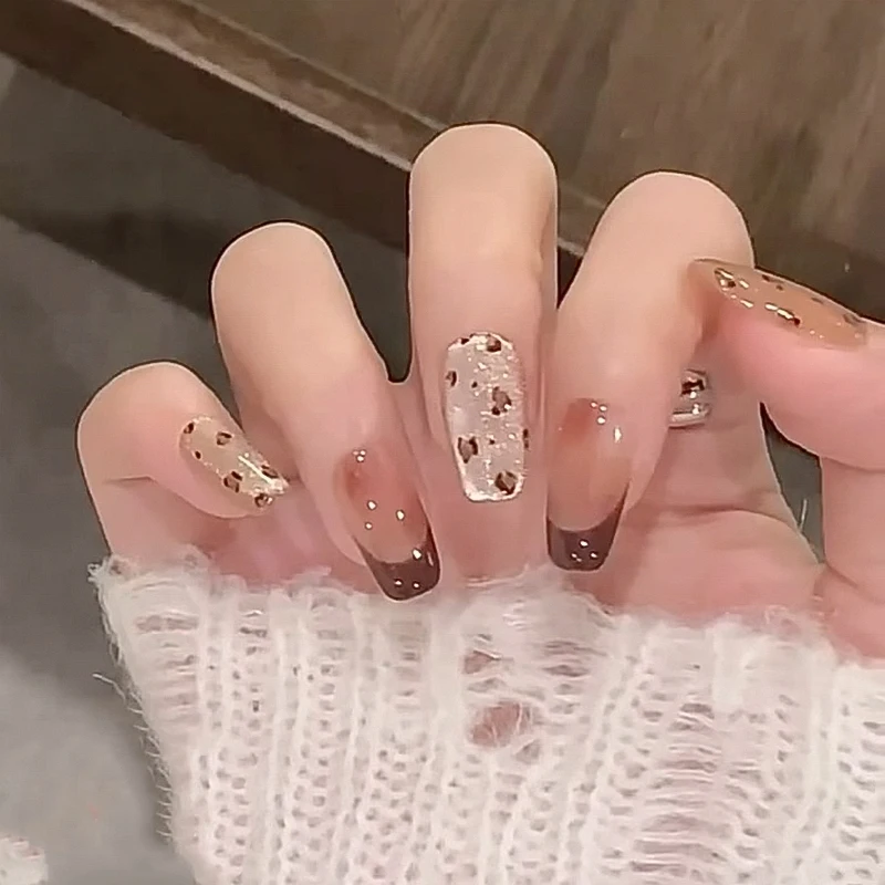 30 Pcs Leopard Print Cat Eye French Red Nail Art for Fair Skin Trendy Girls Acrylic Press on Nails Customize False Nails GN047