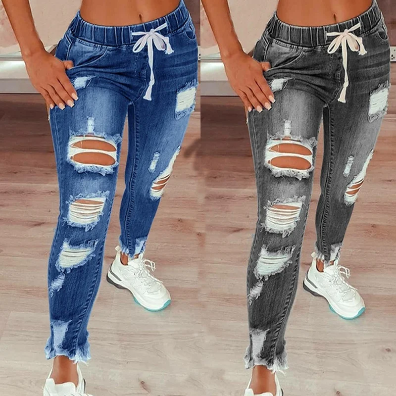 

MT390-20818 2021 Fashion Trend Breathable Mid Waist Plus Size Women Stretch Denim Skinny Ripped Jeans