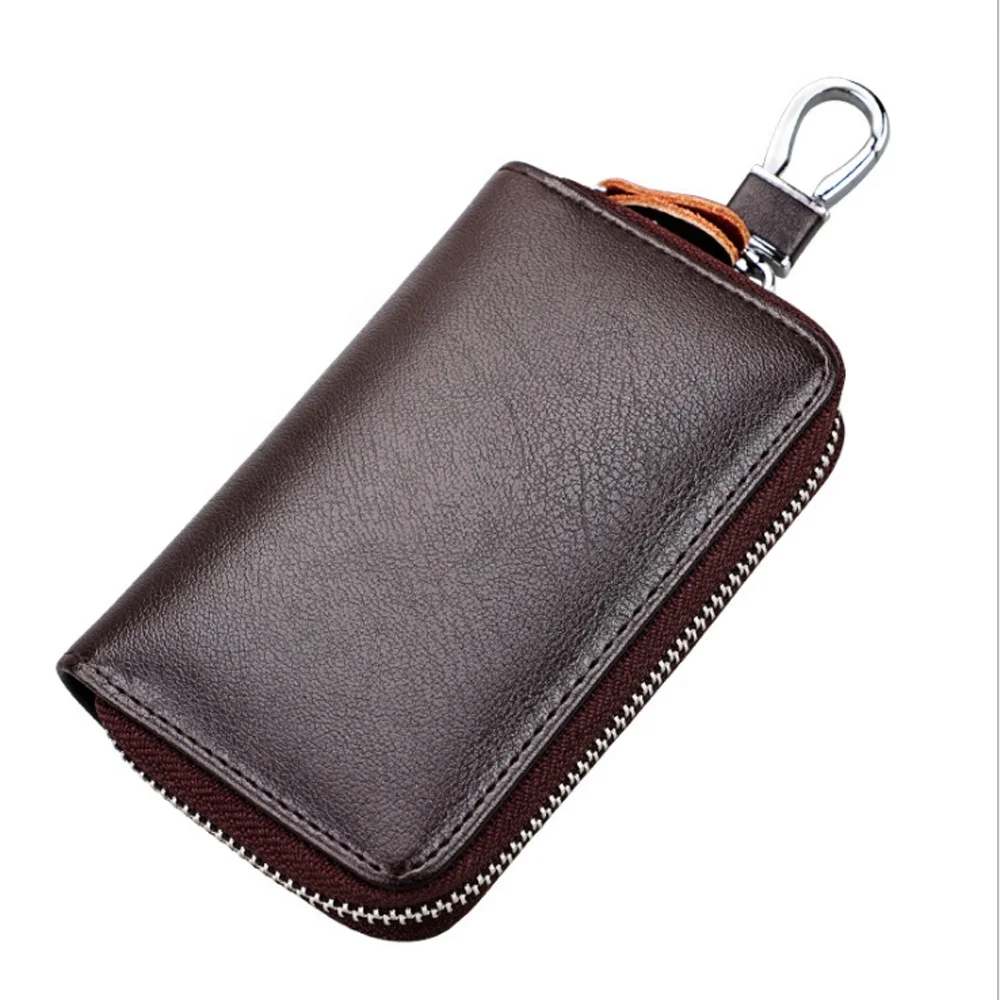 

Low MOQ Premium Leather Car Key holder pouch Split Leather key case with Key Chain, Brown