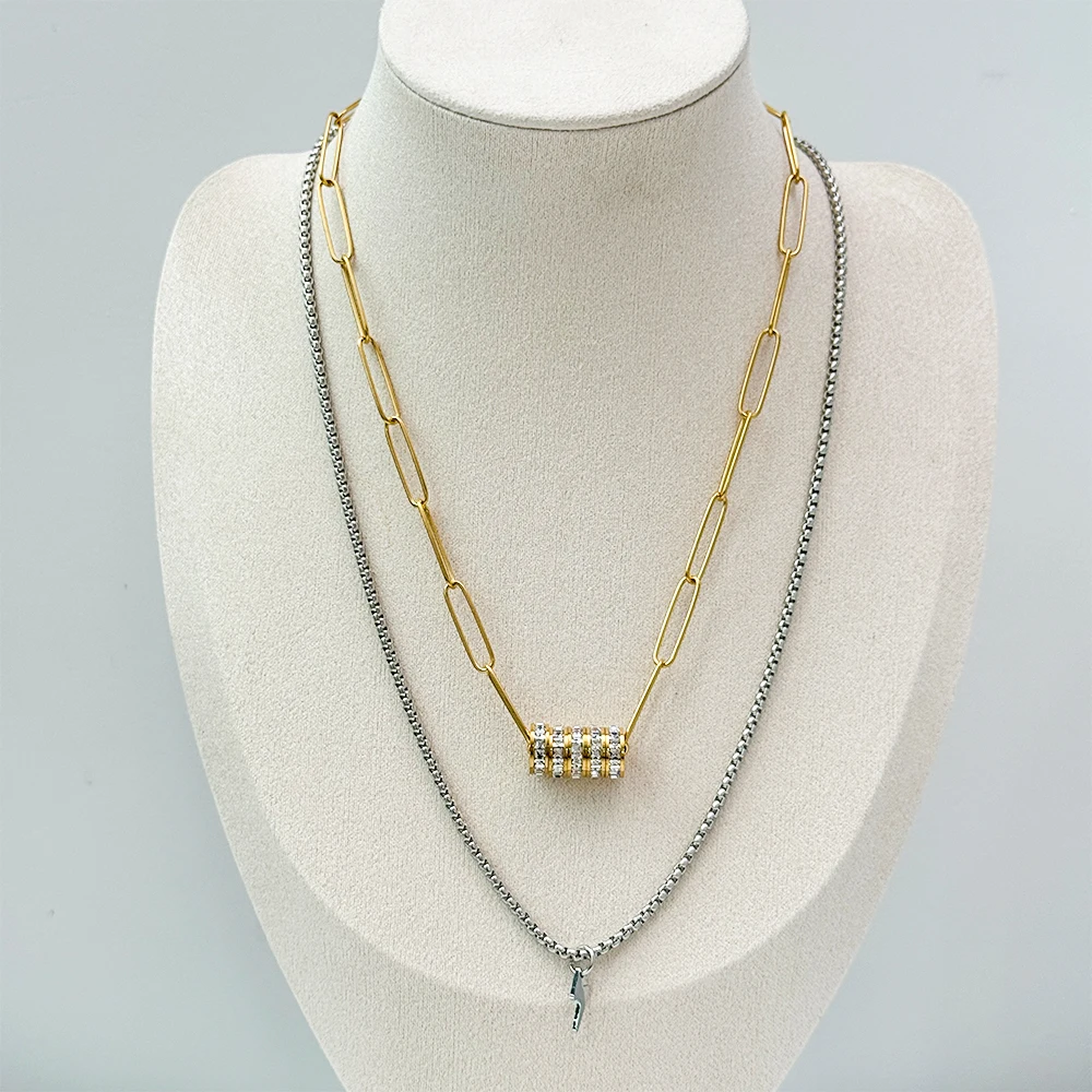 YF3823 Stainless Steel Waterproof Paper Clip Chain Jewelry 18k Gold Plated Full Zircon Circle Necklace Women