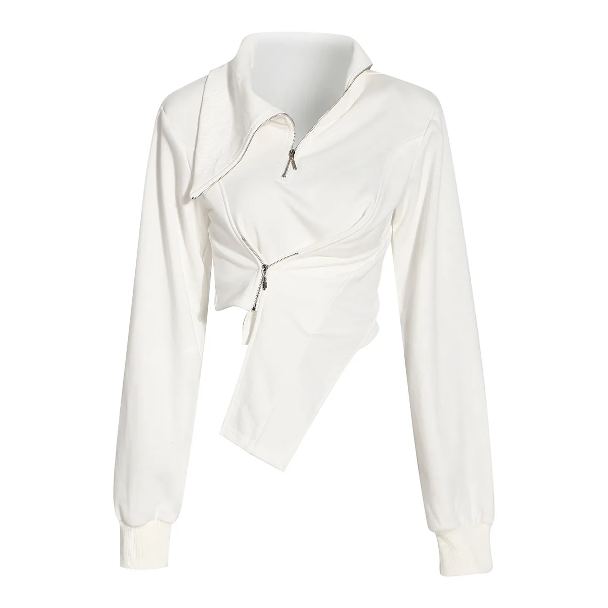 

bettergirl 2022 summer hot sale style white Turn-down Collar long sleeve jacket asymmetric zipper waist short top women