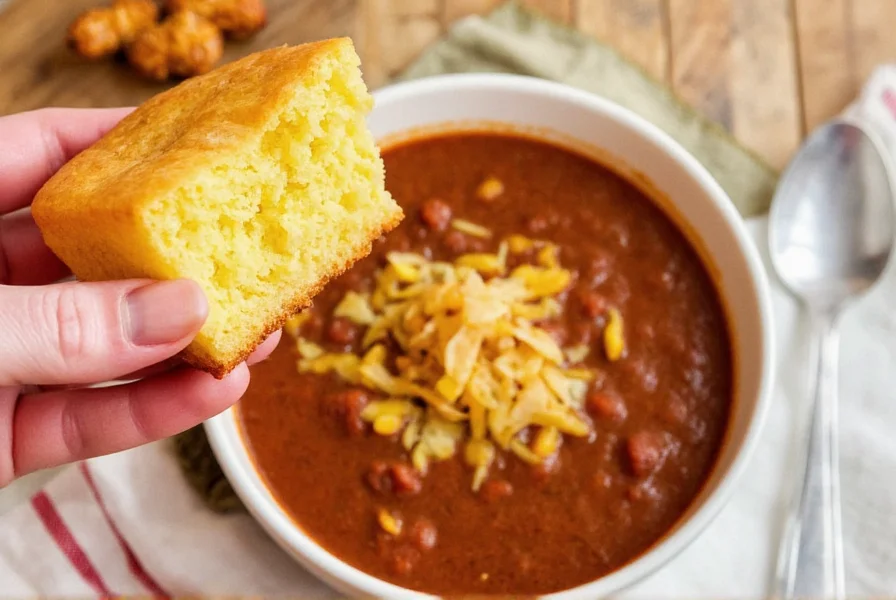 Perfectly golden cornbread served alongside steaming bowl of chili