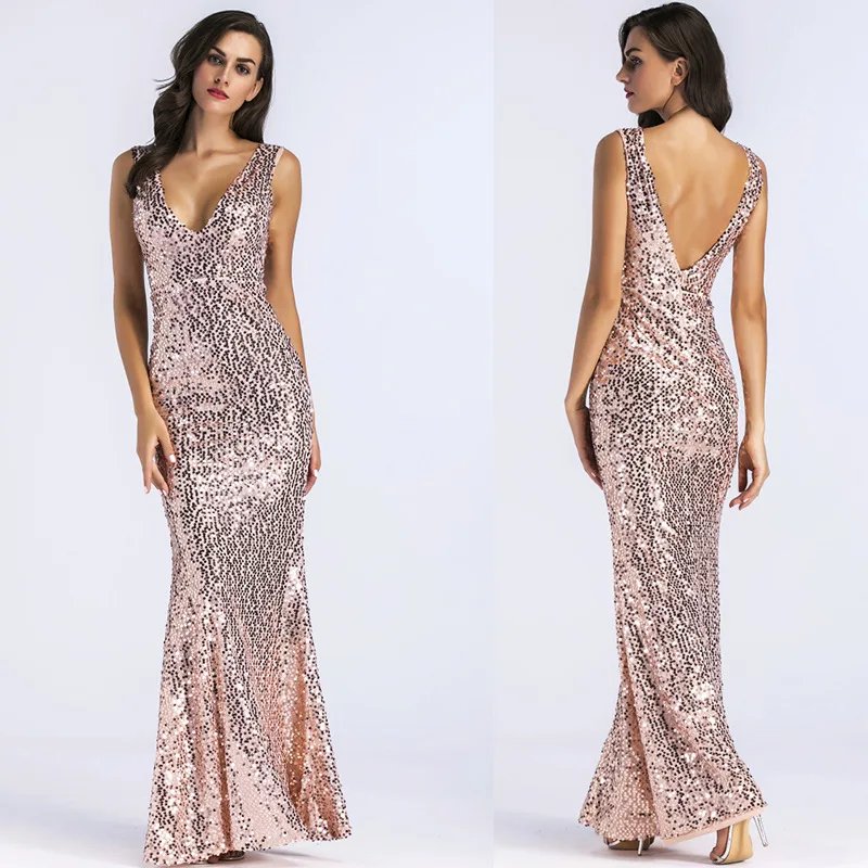 

2022 New Sexy Backless Sequin Maxi Dress Women Elegant Night Club Party Sequin Bridesmaid Dress High Quality Evening Prom Dress