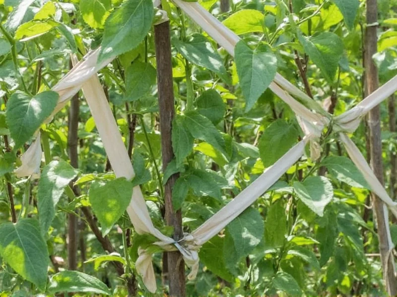 Tomato vine trained on homemade trellis with fabric strip ties