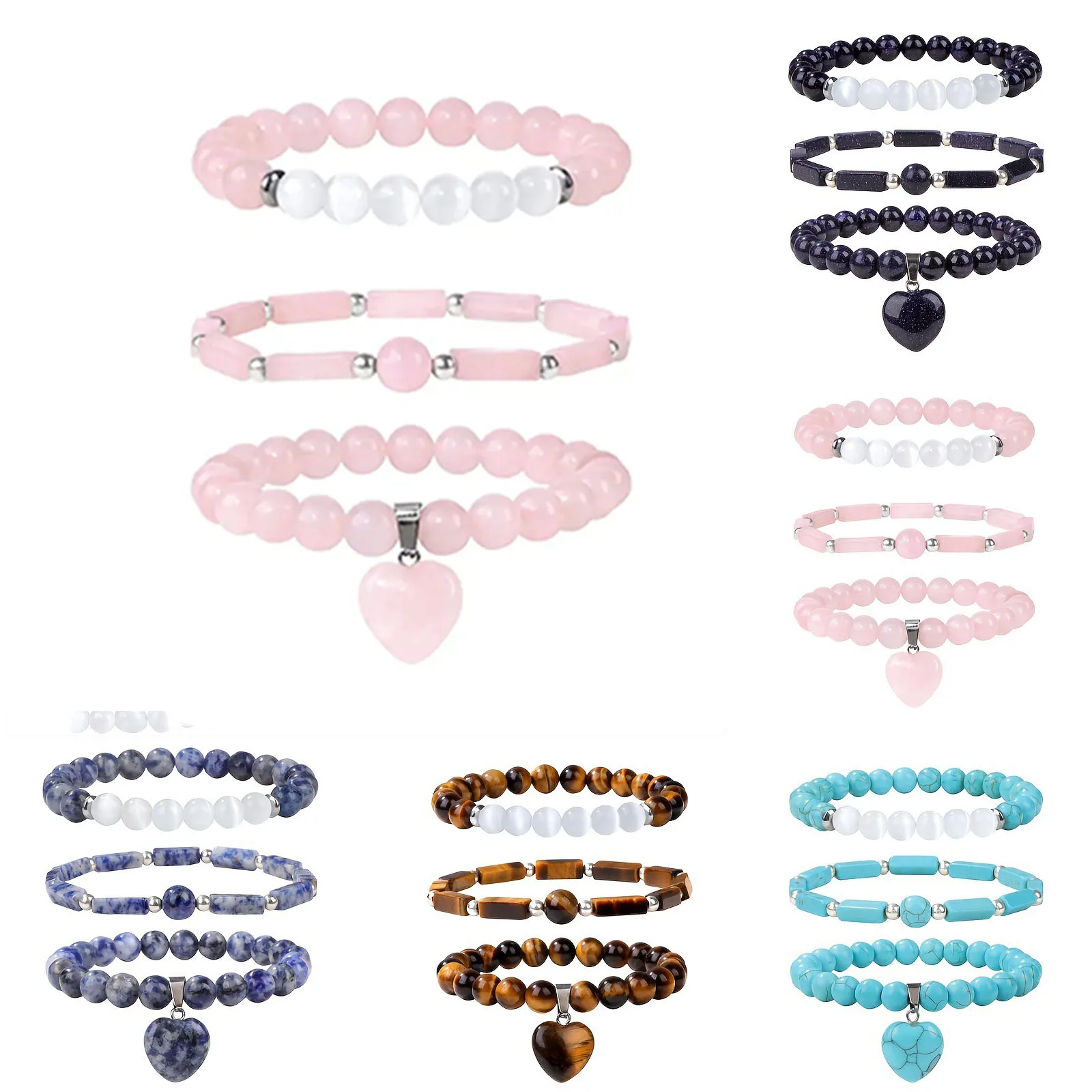 

New style 3pcs/set creativity bead Bracelet heart gemstone jewelry natural stone rose quartz tiger eye Bracelet for women men