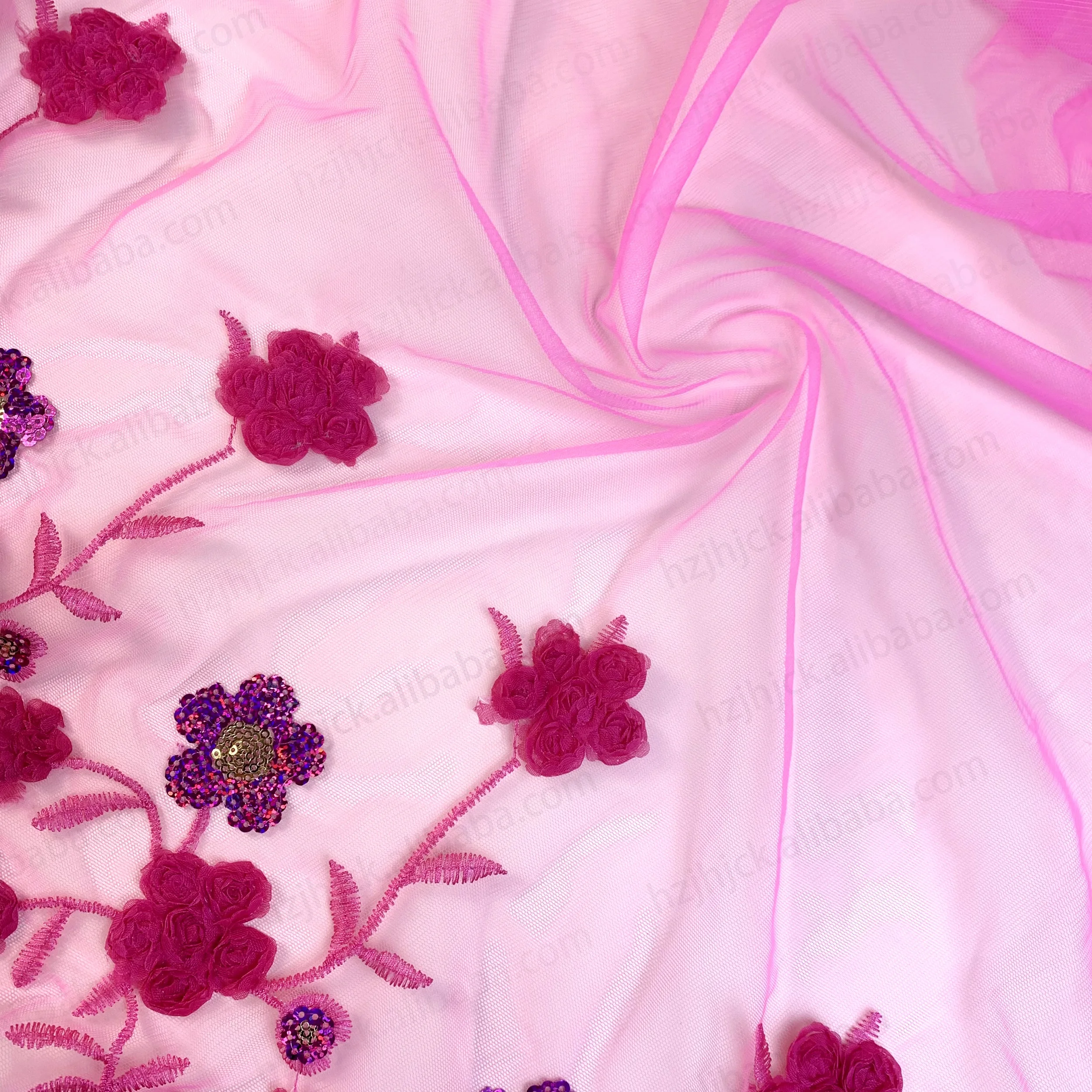 

Wholesale African Polyester Pink 3d Flower Sequins Bridal Dress Making Lace Trim Fabric For Wedding Bridal Dress, Pink/custom