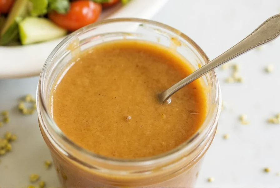 Sesame ginger dressing drizzled over mixed greens salad with avocado, carrots, and sesame seeds
