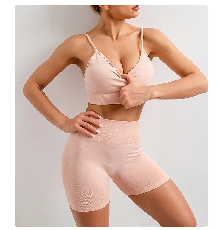 

Women Solid Basic Seamless Running Workout Exercise Shorts And Bra Set