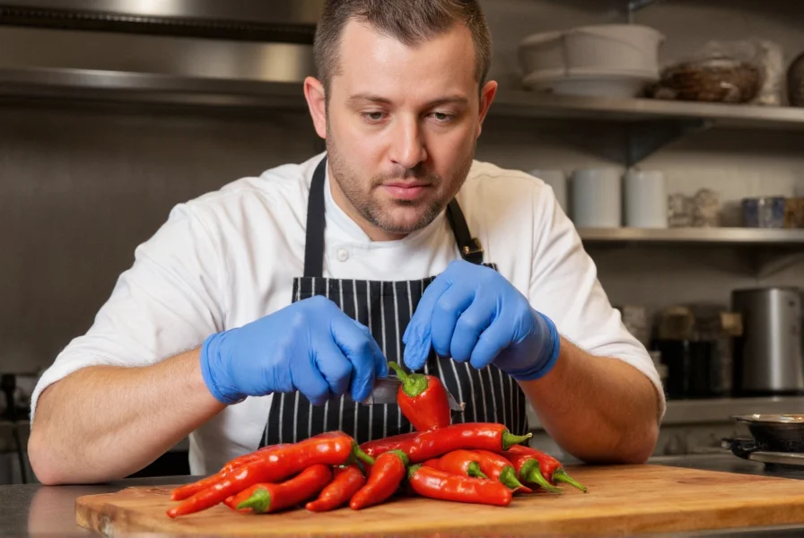 Chef wearing gloves while carefully handling habanero peppers with proper kitchen safety equipment