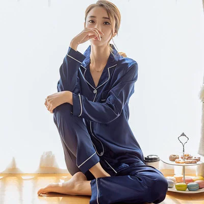 

Faux Silk Satin Pajamas Set for Autumn Women Sleepwear Long Sleeve Nightgown for Female Ladies Pyjamas