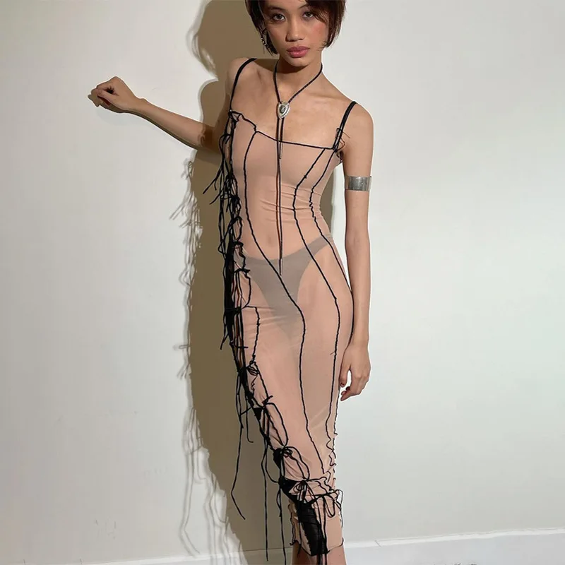 

2021Summer Sexy Gauze Transparent Halter Sleeveless Backless Bodycon Maxi Dress Trendy, Shown