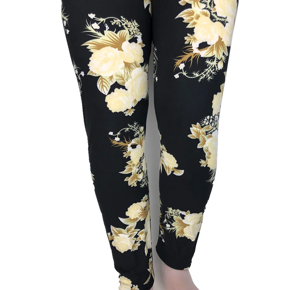 

NEW Women Wholesale 92/8 Polyester Spandex Brushed Soft Quality Plus Size Black Flowers Leggings, Shown
