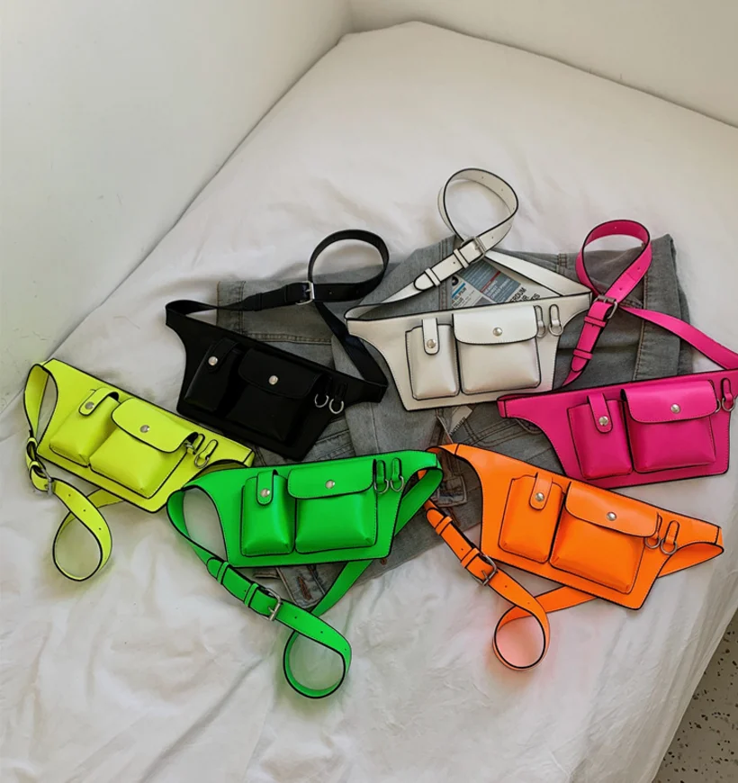 

Trendy Wholesale Unique Women Fashion Waist Bag Bright Neon Leather Belt Bag For Ladies 2021, 6 colors
