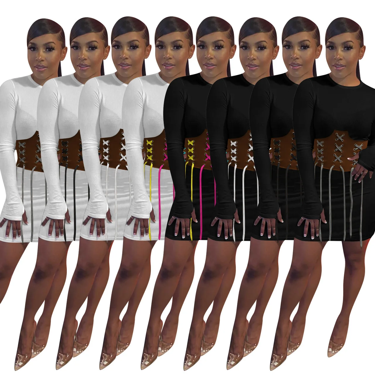 

Autumn fashion casual women's dress with straps waist slim solid color round neck bag hip skirt sexy slim long sleeve dress, 16 colors