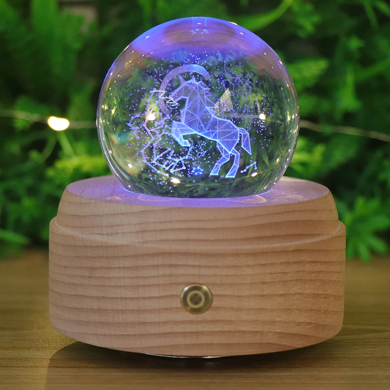 Creative Gift Sets Rotate Music Wood Base 3D Crystal Ball Light Usb Led Moon Table Lamp For Kids