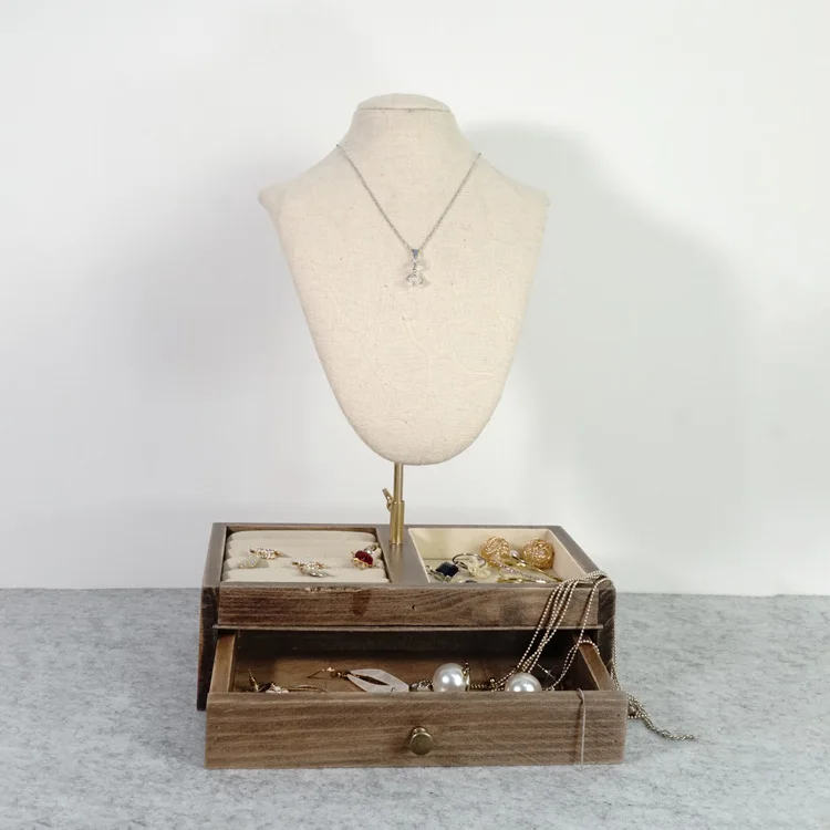 High-end Pine Wood Necklace Easel Display Jewelry Display Stand European Necklace Display with Drawer