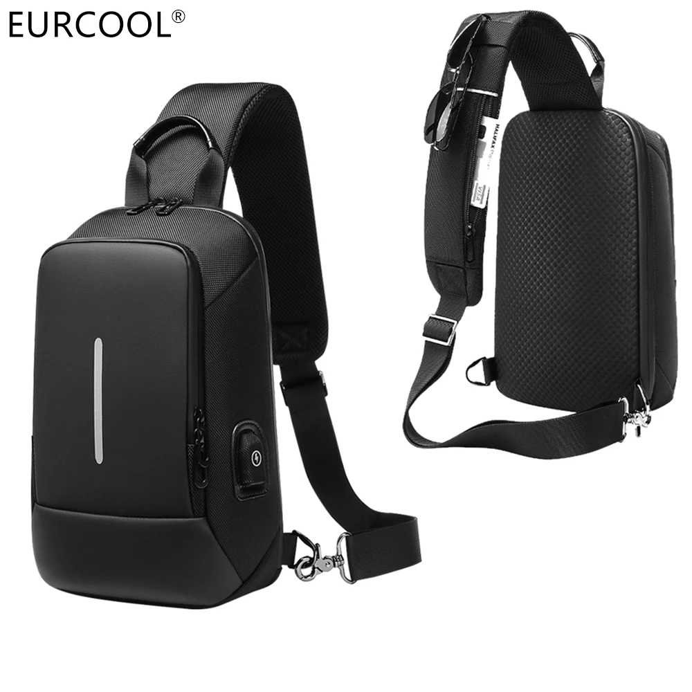

2021 Eurcool Lightweight Waterproof Leather Small Crossbody Backpack USB Port Men Sling Bag Shoulder Chest